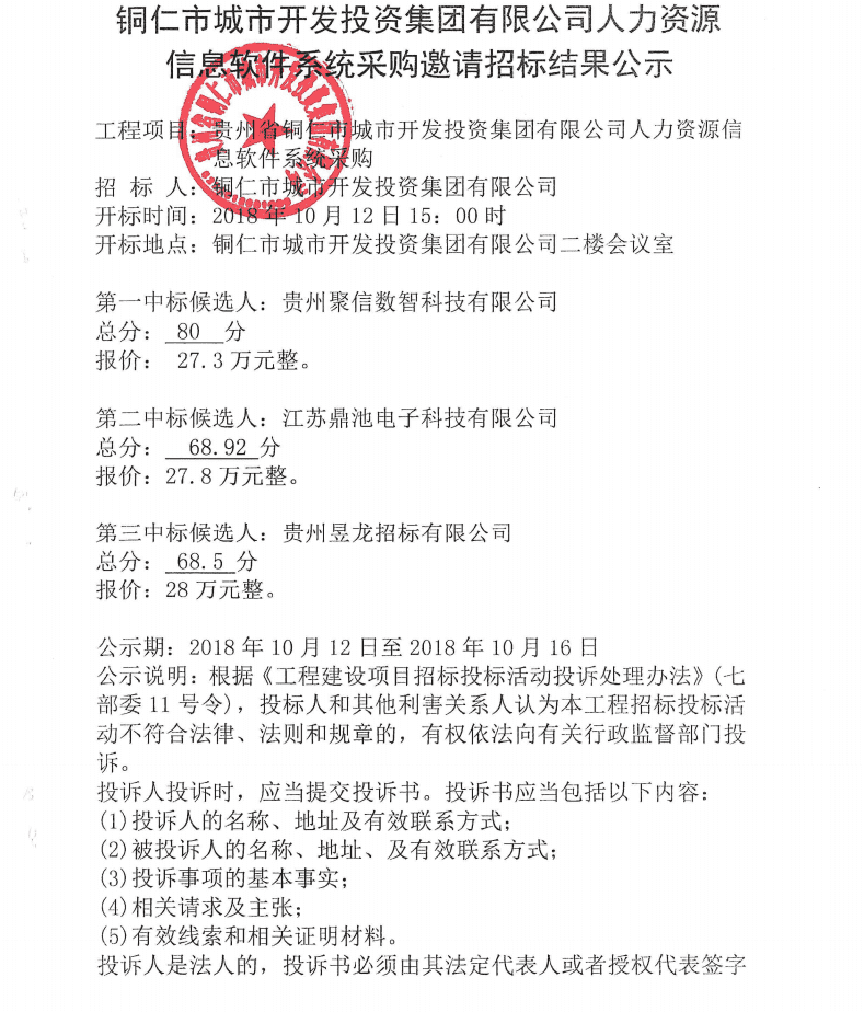 贵州省铜仁市城市开发投资集团有限公司人力资源信息软件系统邀请招标